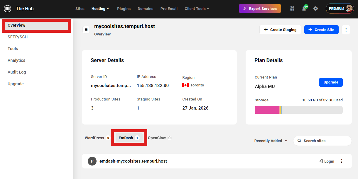 EmDash site on an unlimited hosting server overview screen