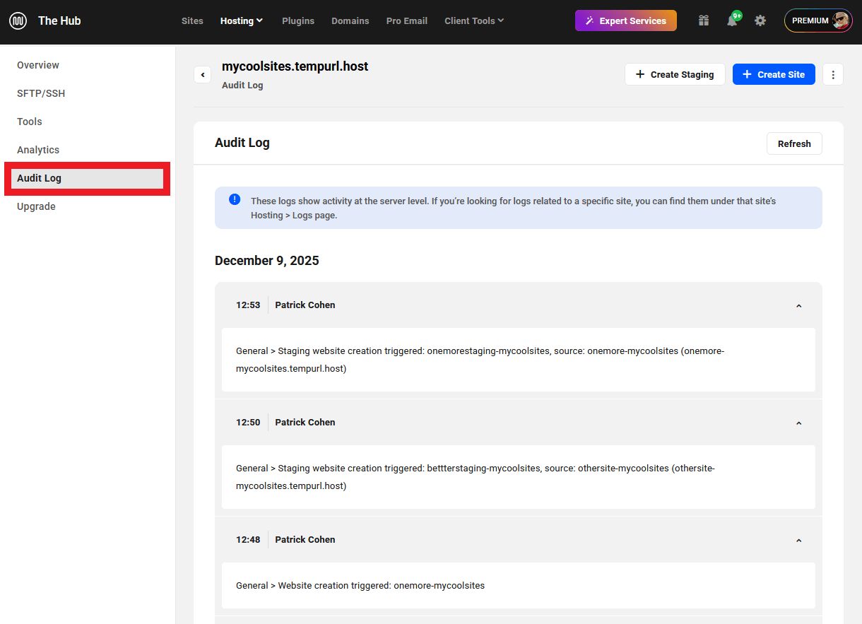 Audit log for an Unlimited hosting server