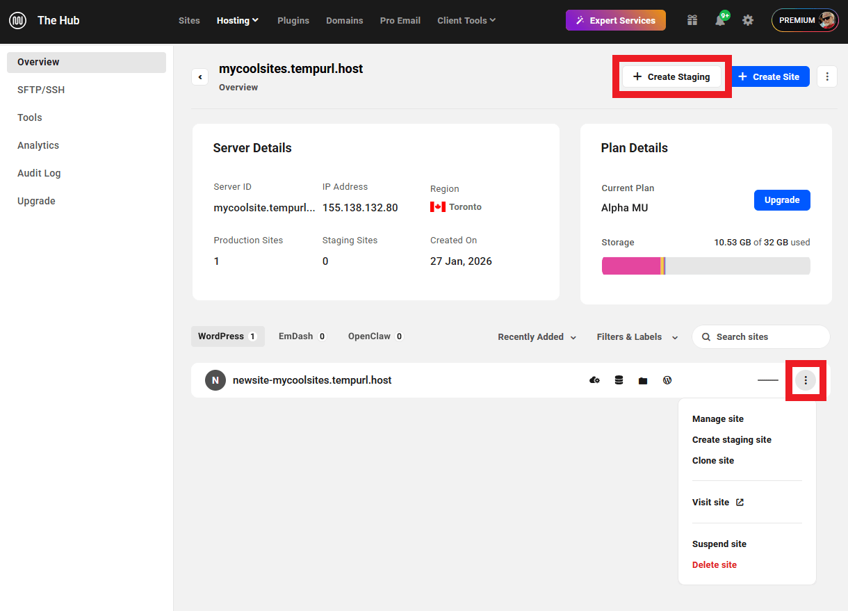Create a new WordPress staging site on an Unlimited Hosting server