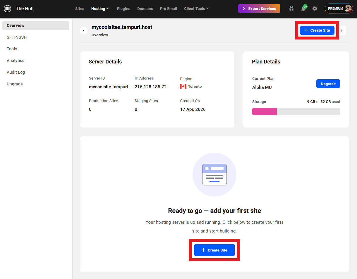 Create a new site on an Unlimited Hosting server