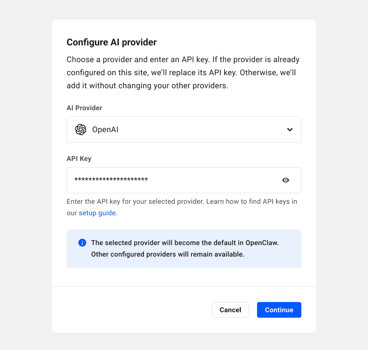 Configure an AI provider for an OpenClaw site