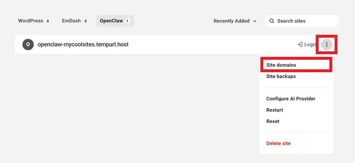 Manage domains for an OpenClaw site in The Hub