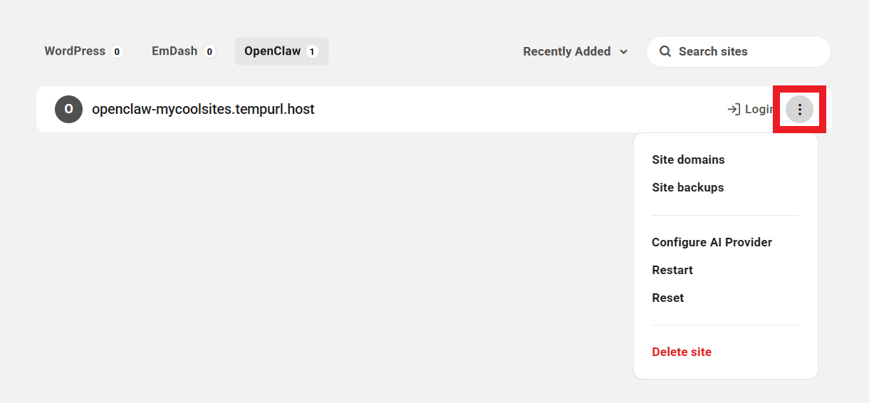 Management options for an OpenClaw site