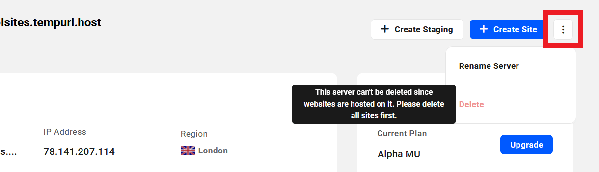 Server management options on an Unlimited Hosting server overview screen