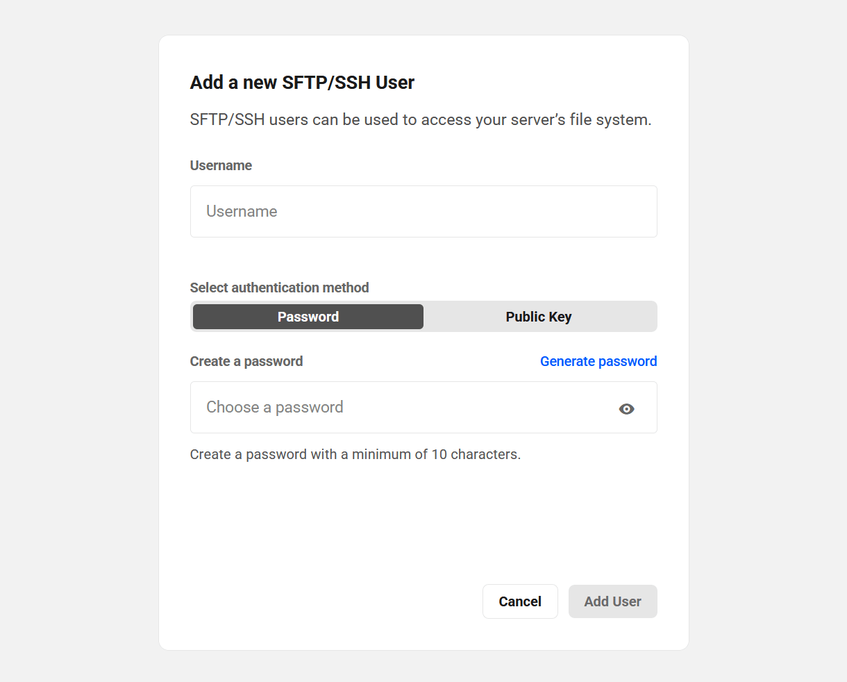 Enter username and password for a server-level SFTP/SSH user