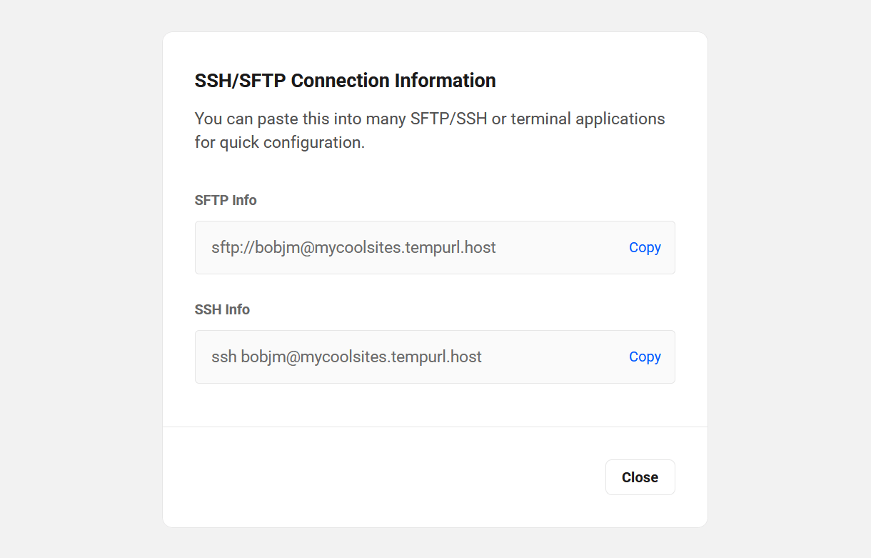 Connection information for a server-level SFTP/SSH user
