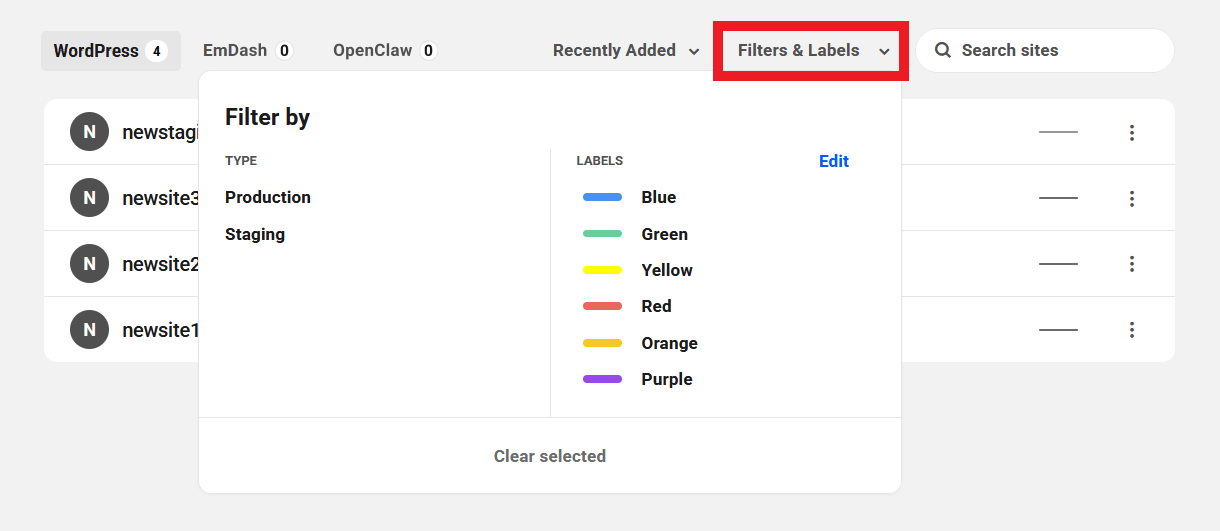 Site filtering options on Unlimited Hosting servers overview screen