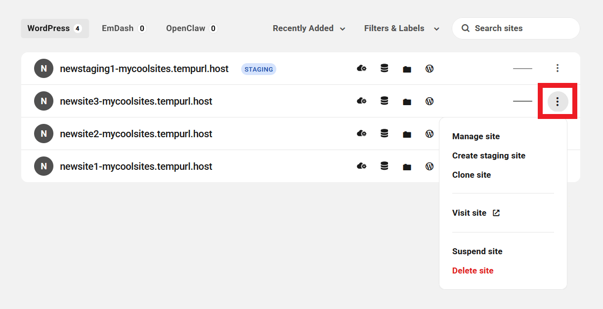 Site management options on an Unlimited Hosting server overview screen