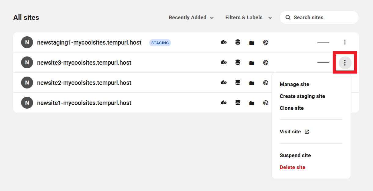 Site management options on an Unlimited Hosting server overview screen