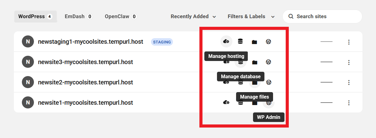 Site tools on an Unlimited Hosting servers overview screen