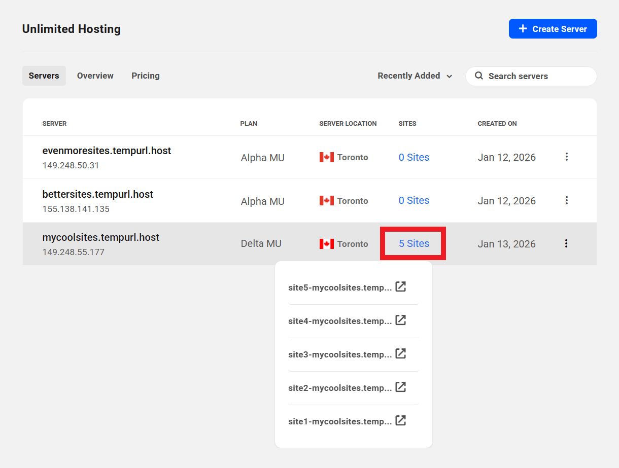 Site previews in Unlimited Hosting servers lists