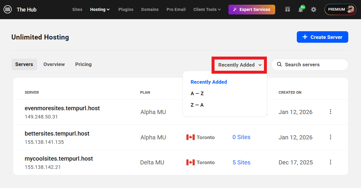 Sorting options in Unlimited Hosting servers lists