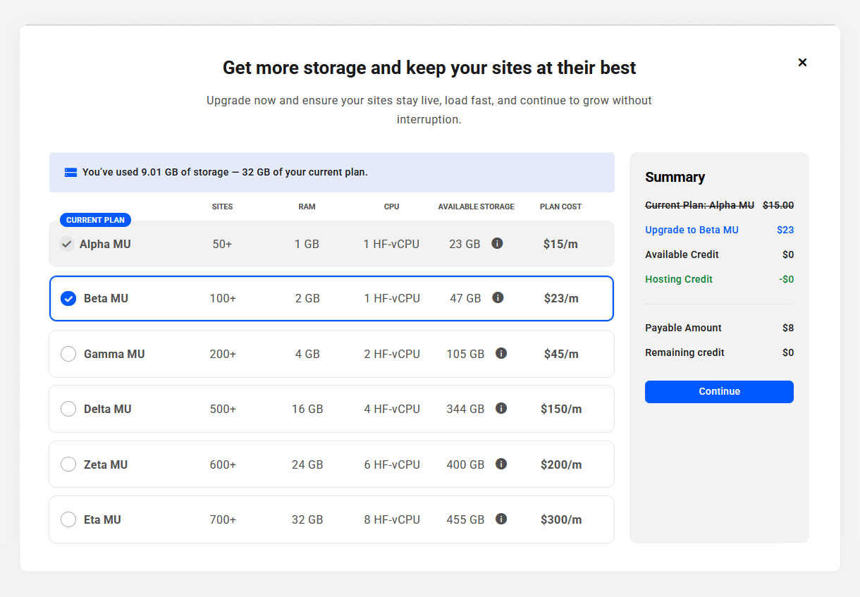 Select a hosting plan to upgrade an Unlimited Hosting server