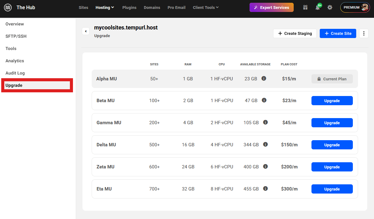 Select plan when upgrading an Unlimited Hosting server