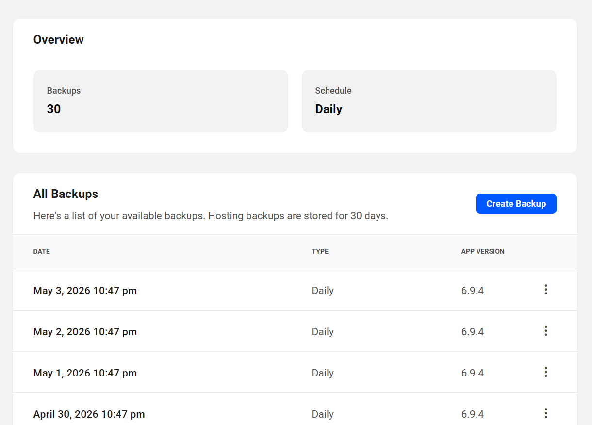 Backups screen for an EmDash site in The Hub