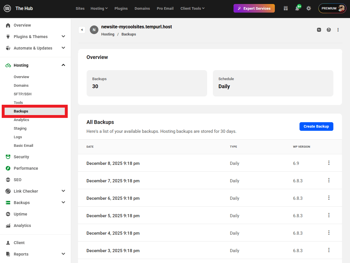 Backups screen for an Unlimited hosting site