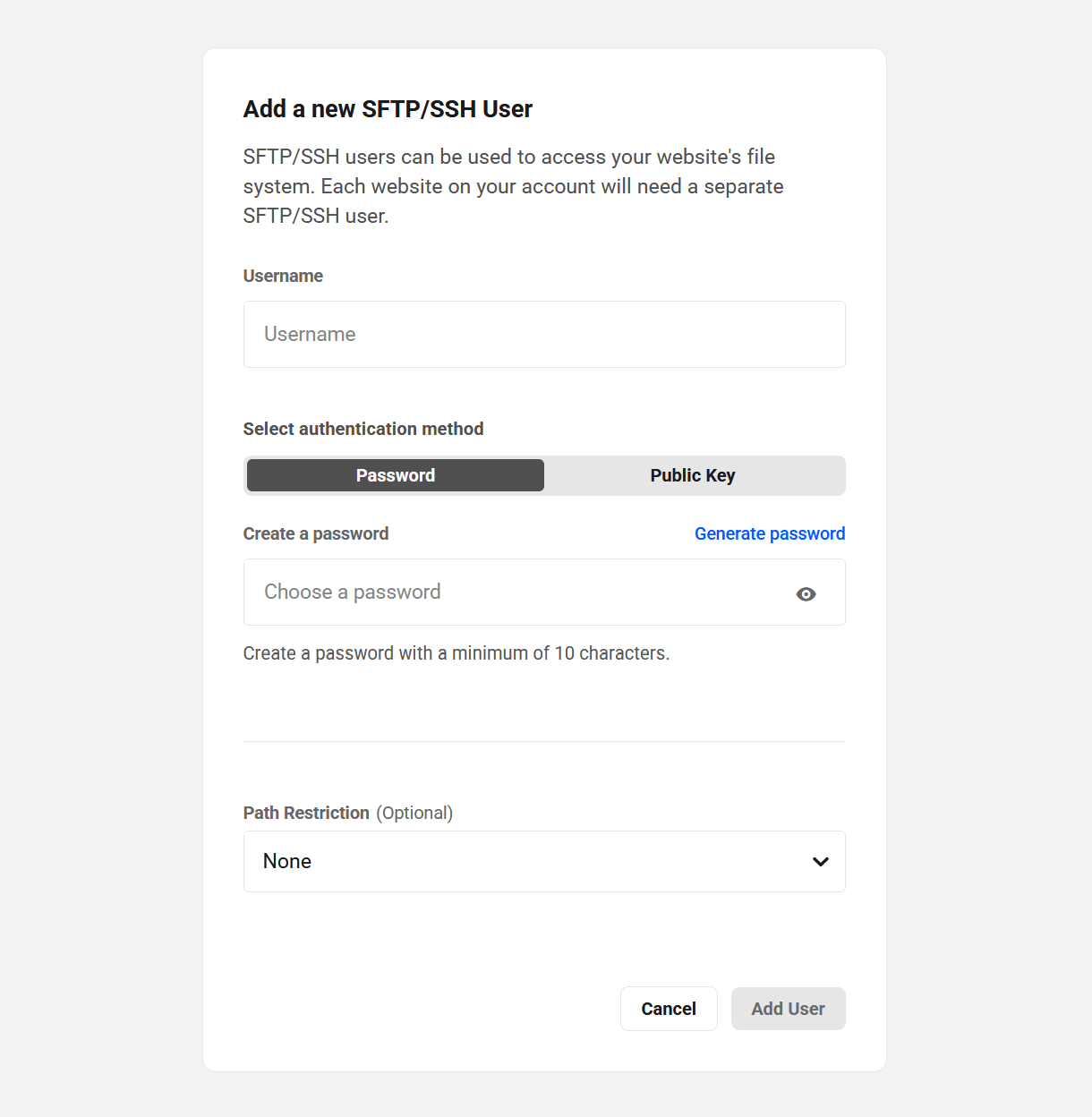 Enter connection information for a site-level SFTP/SSH user