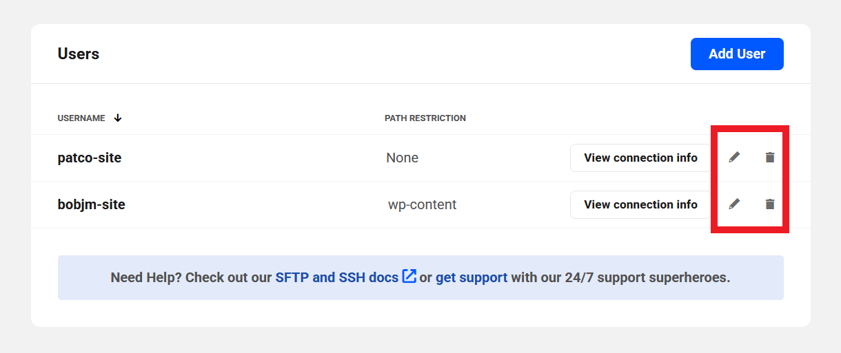 Edit information for a site-level SFTP/SSH user