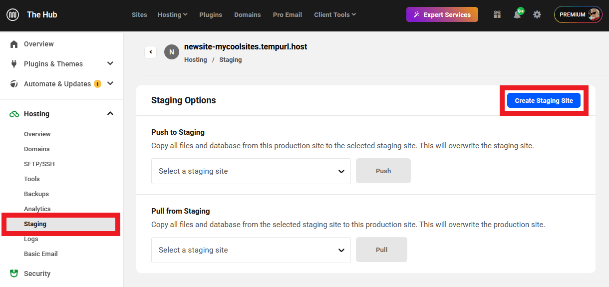 Create a new unlimited hosting staging site