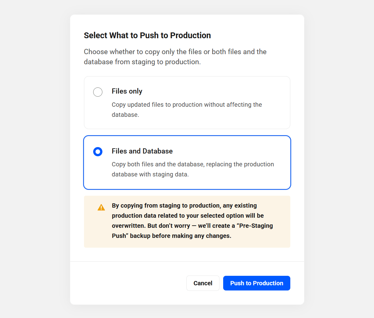 Pull staging files and database to production on an Unlimited hosting site