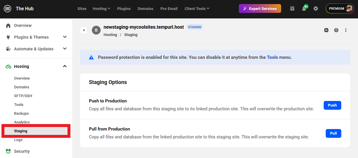 Staging screen for an Unlimited hosting staging site