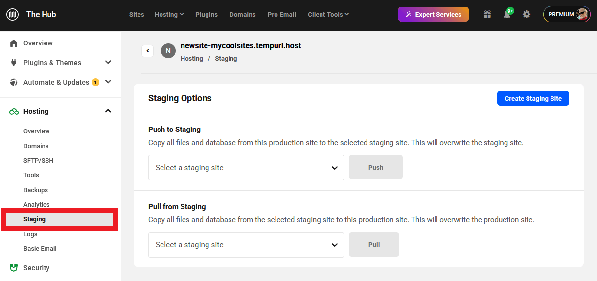 Staging screen for an Unlimited hosting site