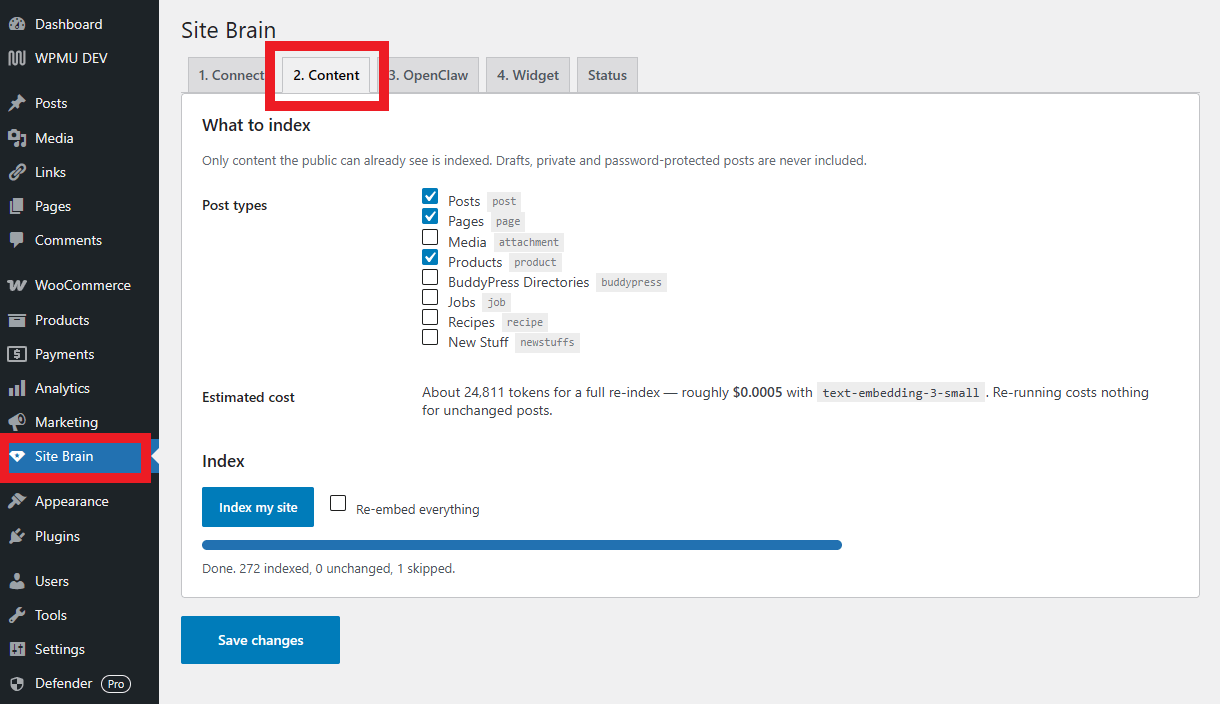Index site content in Site Brain