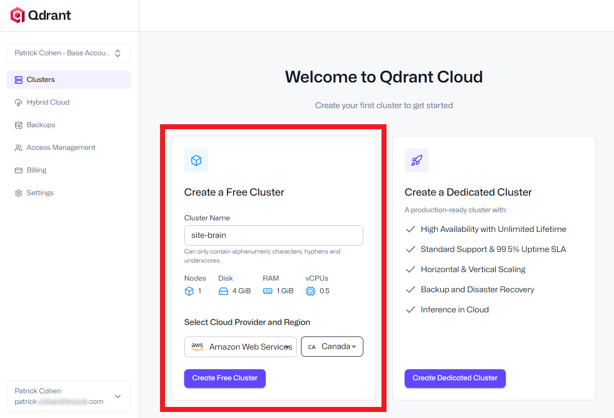 Create a cluster at Qdrant Cloud