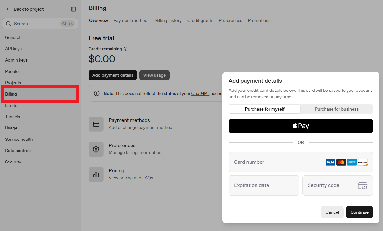 Create an API key at the OpenAI platform and add credit