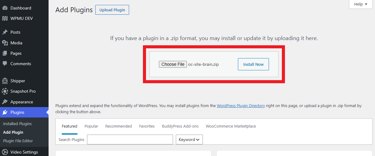Upload the Site Brain plugin to WordPress